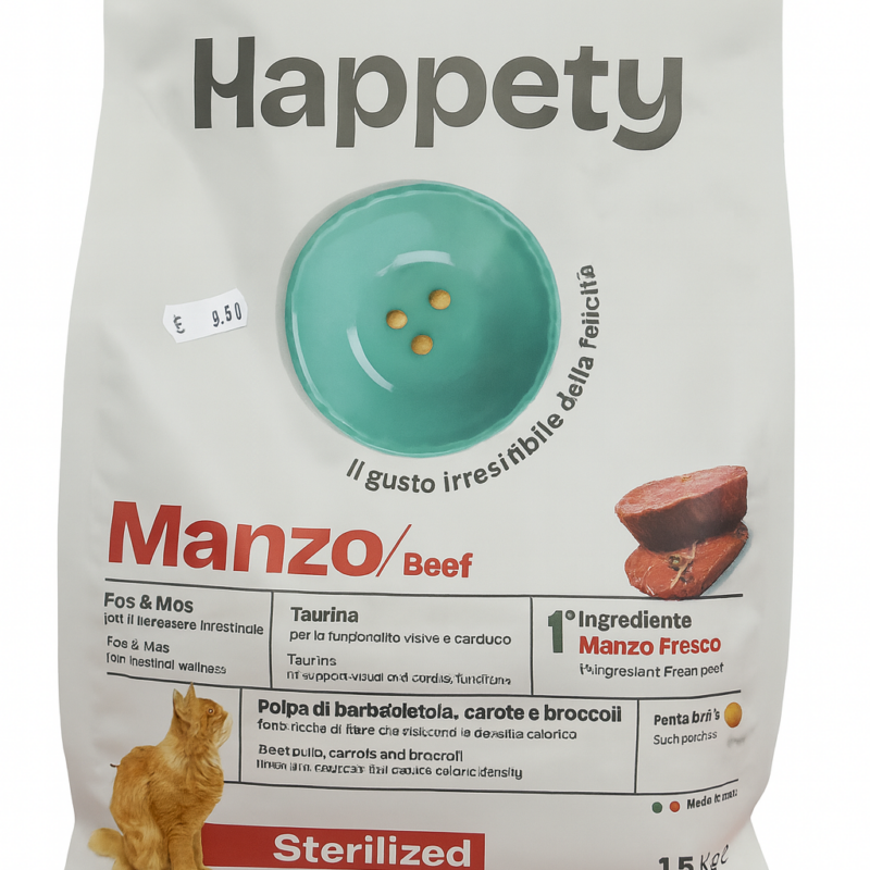 Happety MANZO 1,5 Kg - Alimento completo per gatti sterilizzati